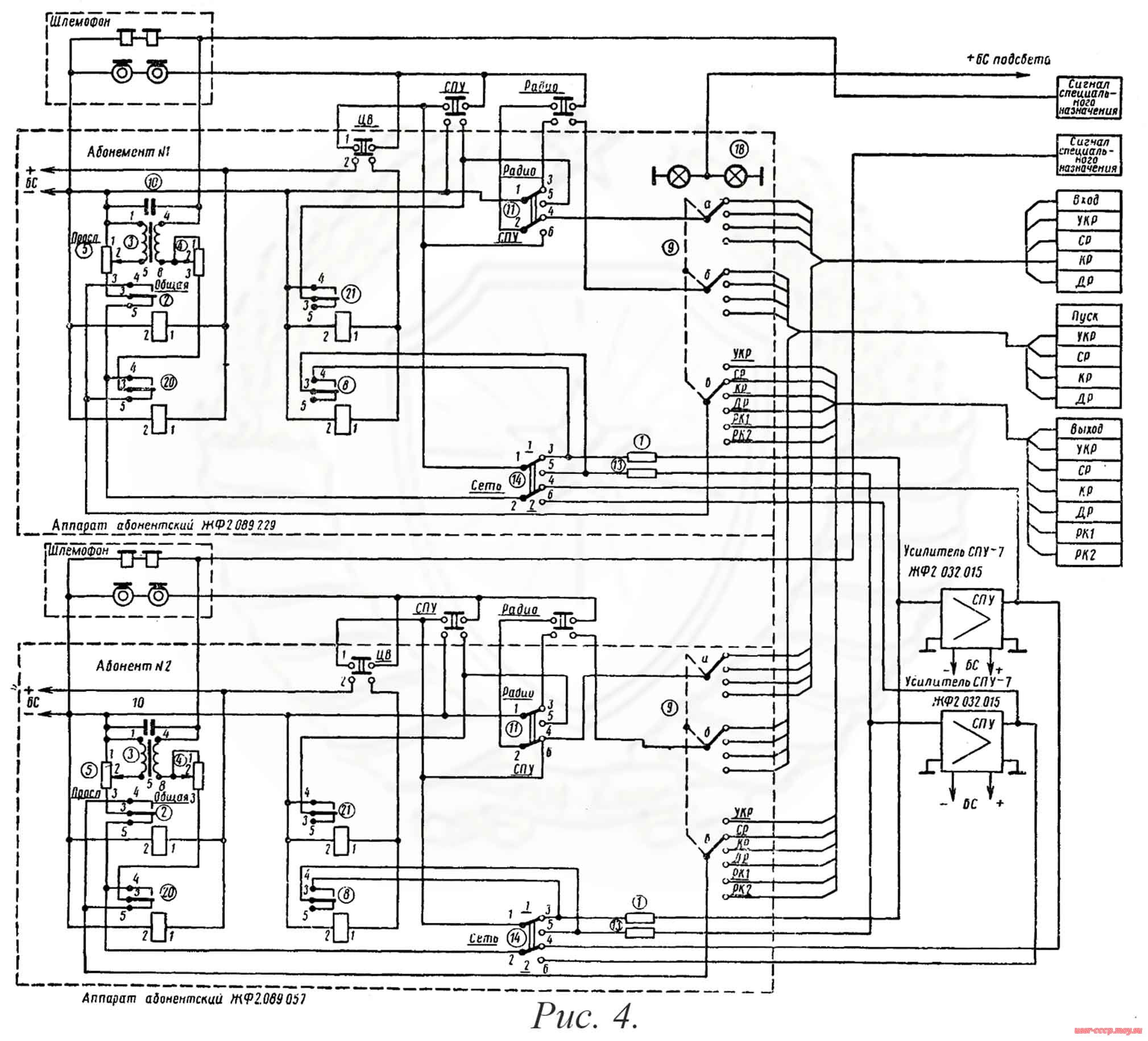 Рис. 4. Схема упрощённых ларингофонных и телефонных цепей СПУ-7.