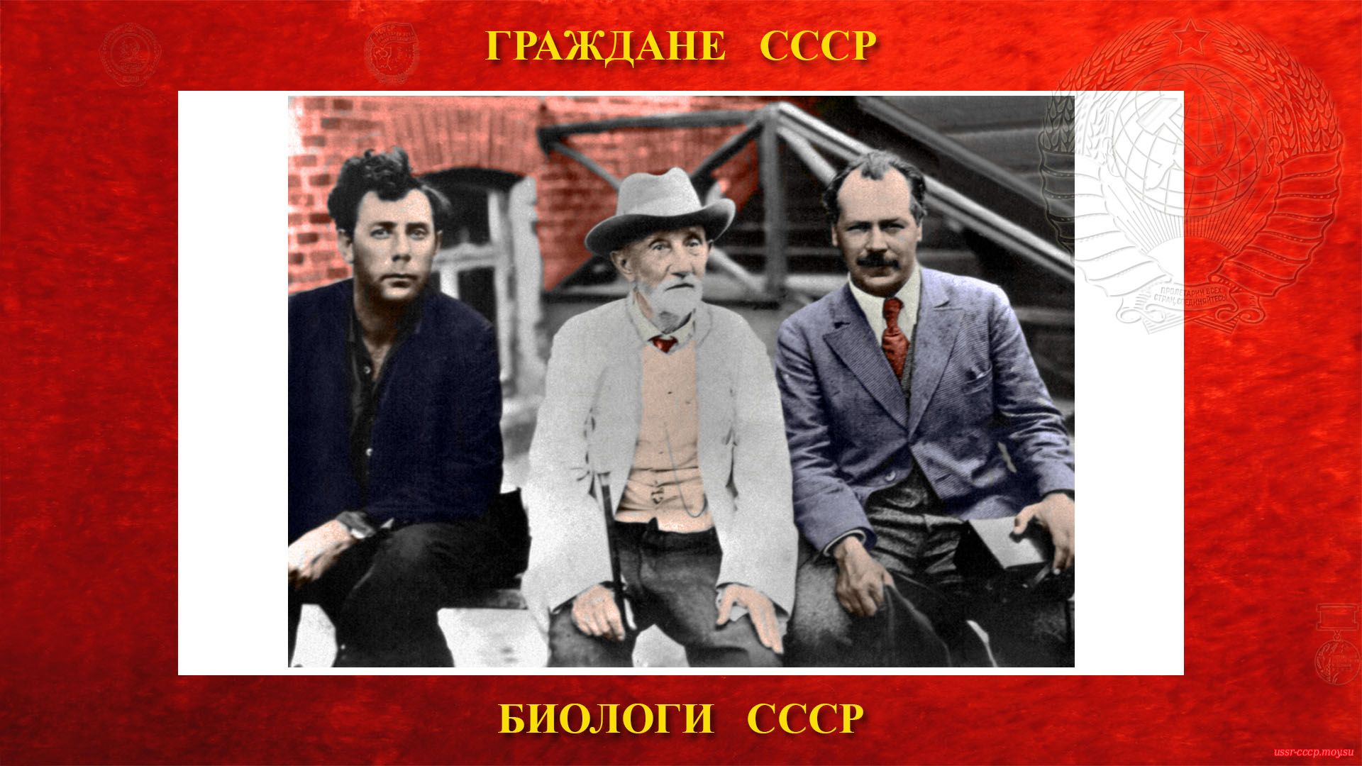 Слева на право: А.С. Бондаренко, И.В. Мичурин, Н.И. Вавилов (Мичуринск, 1932 год).